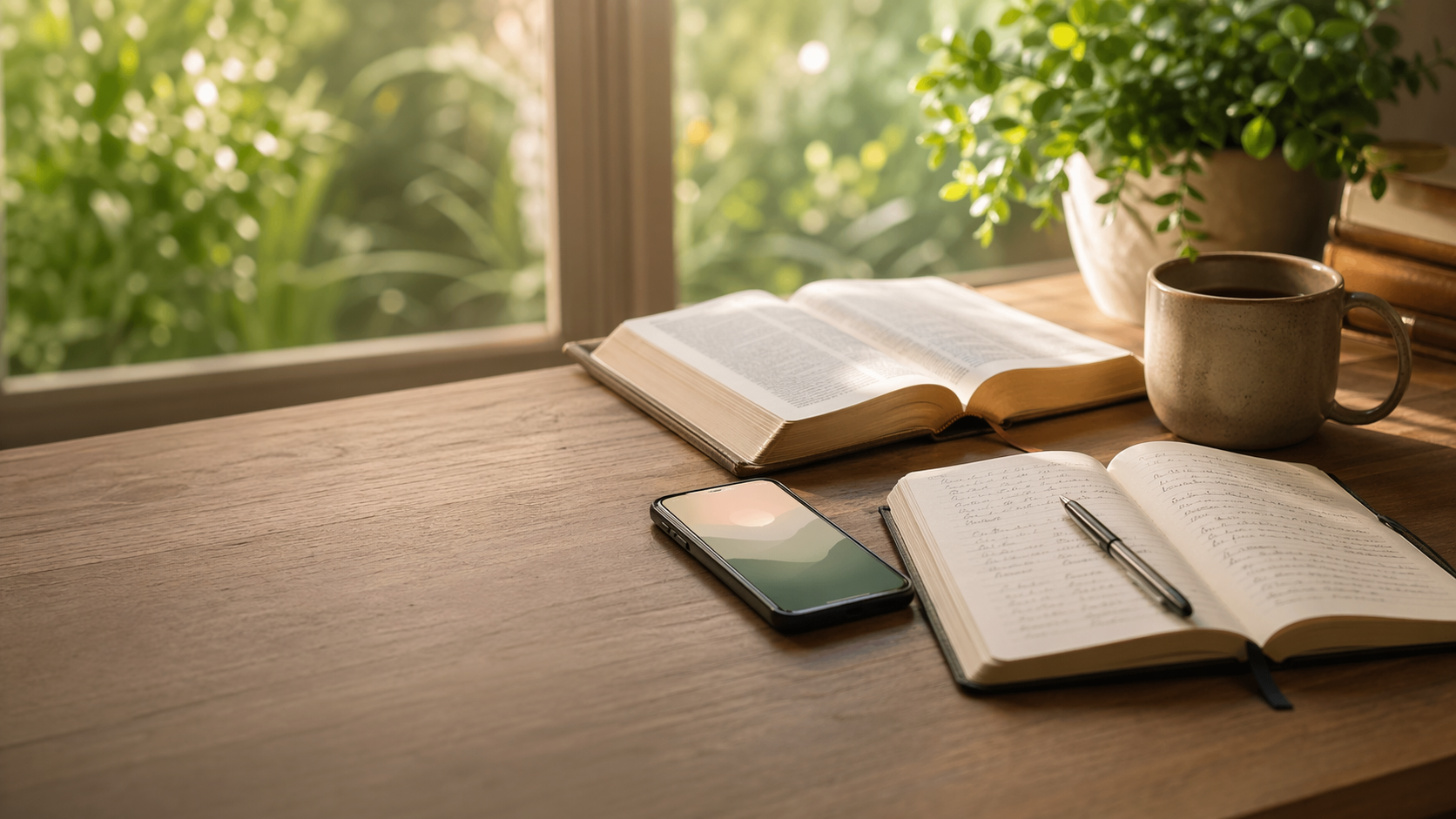 Morning light over an open journal and Bible